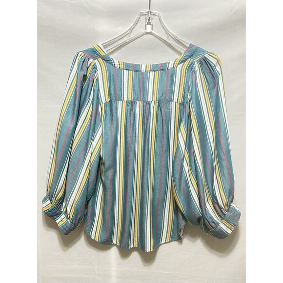 Maeve by Anthropologie Womens M Turquoise Striped Balloon Sleeve Top - Picture 9 of 10
